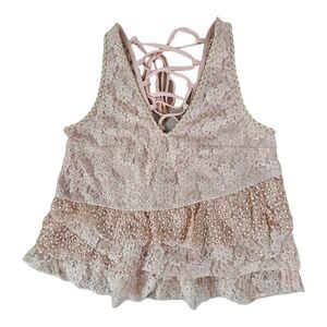 POL Criss Cross Lace Up Open Back Tiered Ruffle Detail Tank Top Coral Small